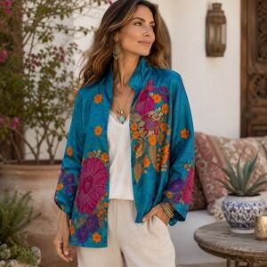 Anii by Natural Womens XL Pure Silk Embroidered Floral Open Front Jacket Boho